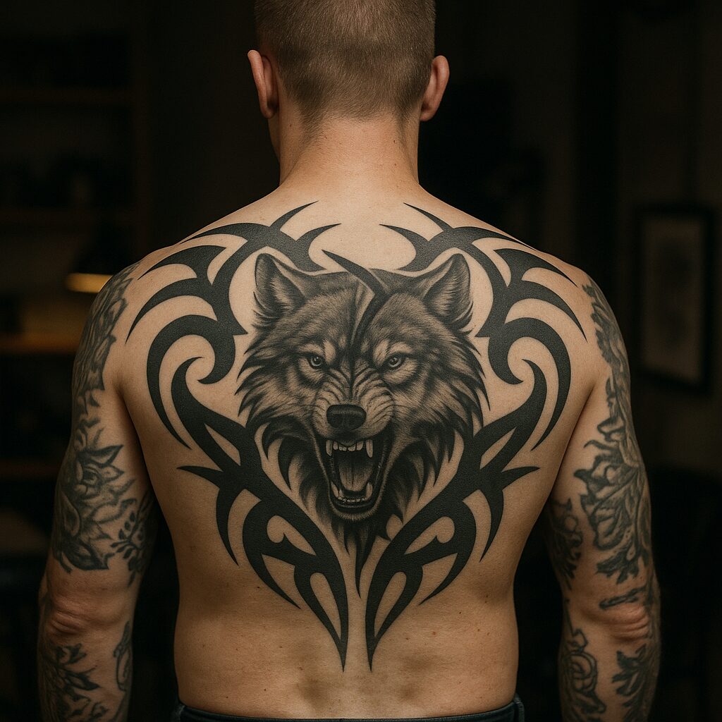 Tribal Tattoo mit Wolfskopf auf dem Rücken eines tätowierten Mannes im Tattoo Studio EB-Tattoo in St. Gallen