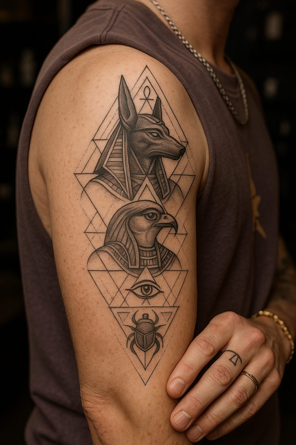 Ägyptische Götter Tattoo mit Anubis und Horus im geometrischen Stil auf dem Arm eines Mannes, gestochen im EB-Tattoo Studio St. Gallen.