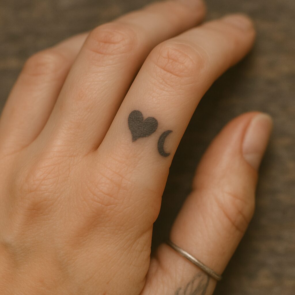 Finger Tattoo mit Herz und Halbmond Motiv auf der Hand einer Frau, gestochen bei EB-Tattoo in St. Gallen
