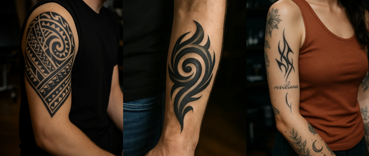 Collage mit drei Lettering Tattoos: Runen-Schrift am Arm, Graffiti-Schriftzug am Bauch, minimalistisches „ART.“ Tattoo am Handgelenk.