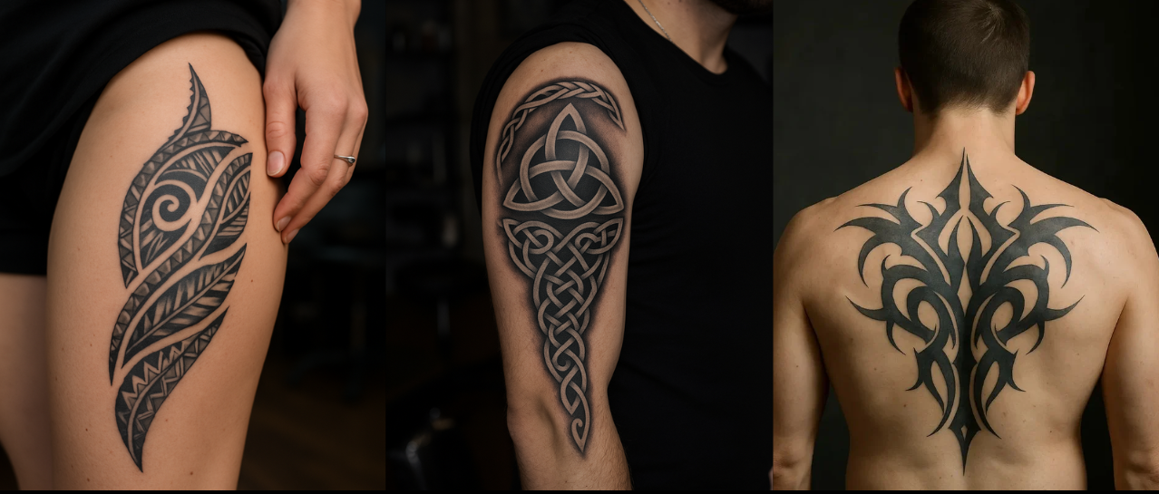 Tattoo-Collage mit drei Lettering Tattoos: florales Unterarm-Tattoo mit Schriftzug, Wirbelsäulen-Tattoo in Schreibschrift und Oldschool-Boombox mit „HIP HOP“ und „OLDSCHOOL“.