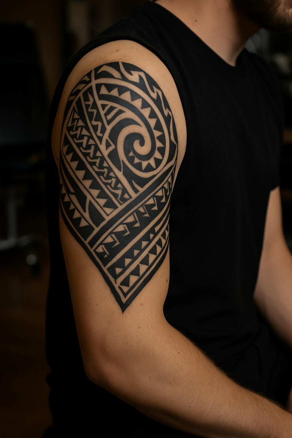 Tribal Tattoo– polynesisches Armmotiv bei einem Mann, gestochen im EB-Tattoo Studio in St. Gallen