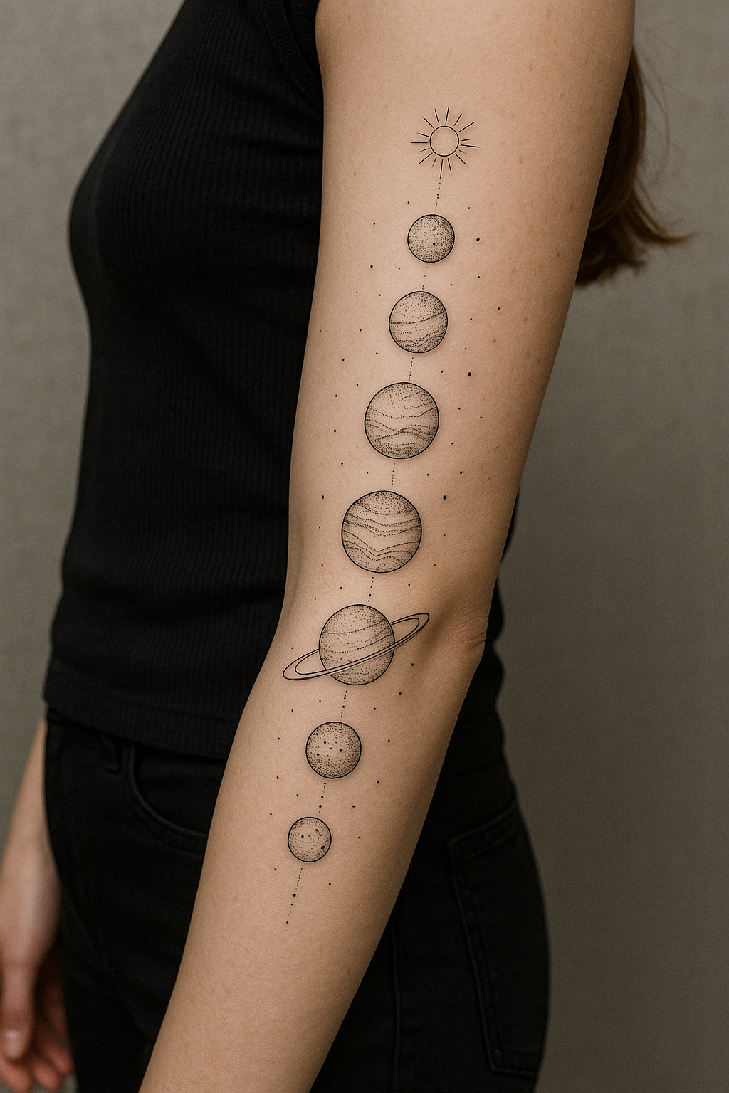 Planeten Tattoo auf dem Arm einer Frau, gestochen bei EB Tattoo in St. Gallen.