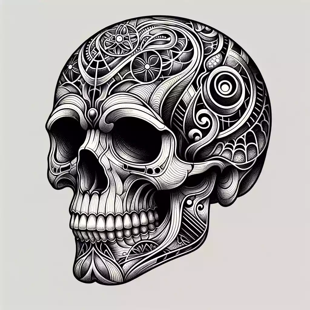 Fein detailliertes Totenkopf Tattoo mit geometrischen Mustern – EB Tattoo St. Gallen