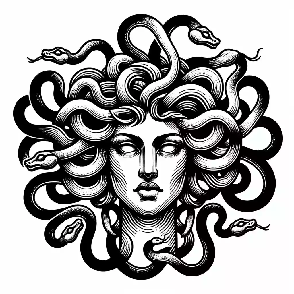 Fineline Medusa Tattoo in Schwarz-Weiss mit filigraner Linienführung – EB Tattoo St. Gallen