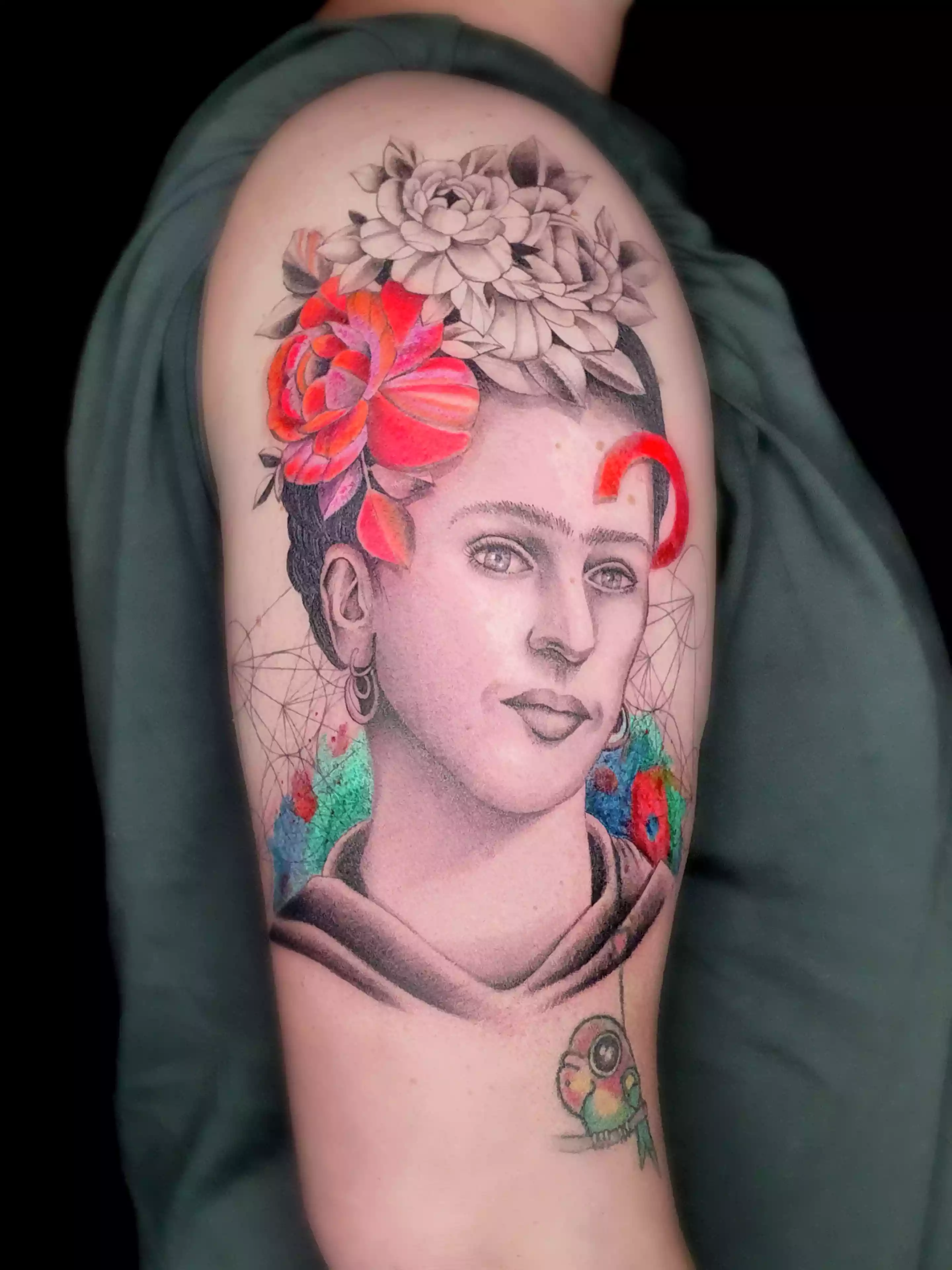 Realistic Tattoo mit floralen Motiven auf der Schulter und dem Oberarm, detailreiche Sonnenblumen und Blätter.