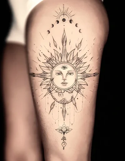 Realistic Tattoo Sonne und Mond mit filigranen Linien und geometrischen Elementen auf dem Oberschenkel