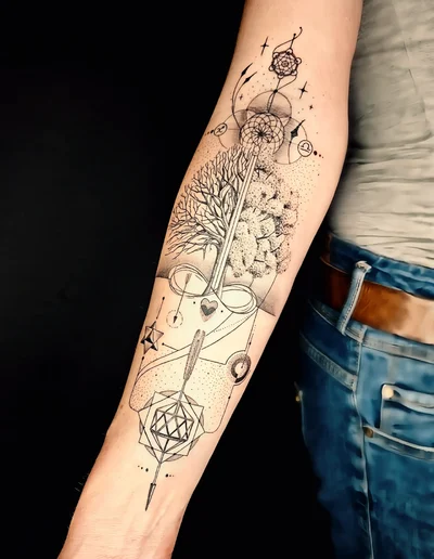 Realistic Tattoo Unterarm – Geometrisches Design mit Naturmotiven, Baum, Herz und kosmischen Symbolen.