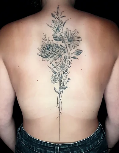 Realistic Tattoo eines filigranen Blumenstraußes auf dem Rücken, gestochen in feinen Schwarz-Grau-Schattierungen.
