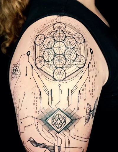 Geometrisch-abstraktes Fine Line Tattoo mit Blume des Lebens, technischen Linien, Punkten und binären Codes auf der Schulter und dem Oberarm.