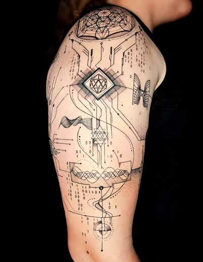 Geometrisch-abstraktes Fine Line Tattoo mit Blume des Lebens, technischen Linien, Punkten und binären Codes auf der Schulter und dem Oberarm
