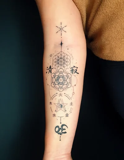 Geometric Fineline Tattoo mit Blume des Lebens, Elementesymbolen und spirituellen Zeichen auf dem Unterarm.