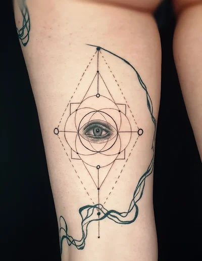 Realistic Tattoo eines Auges mit geometrischen Linien, Kreisen und abstrakten Elementen auf dem Oberschenkel.