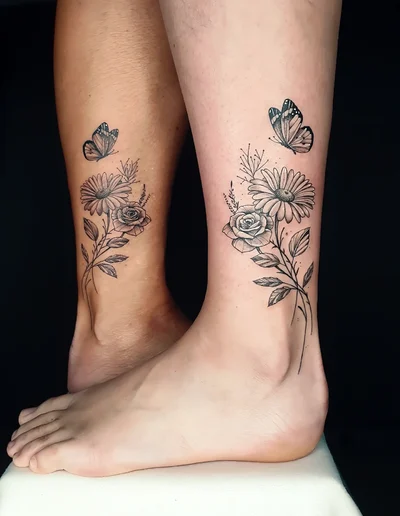 Realistic Tattoo von zwei Blumen mit Schmetterling, fein schattiert und detailreich, auf dem Unterschenkel und Knöchel.