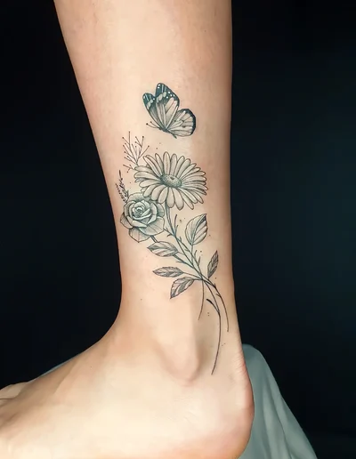 Realistic Tattoo am Knöchel mit feinen Blumen und Schmetterling in Schwarz-Weiß