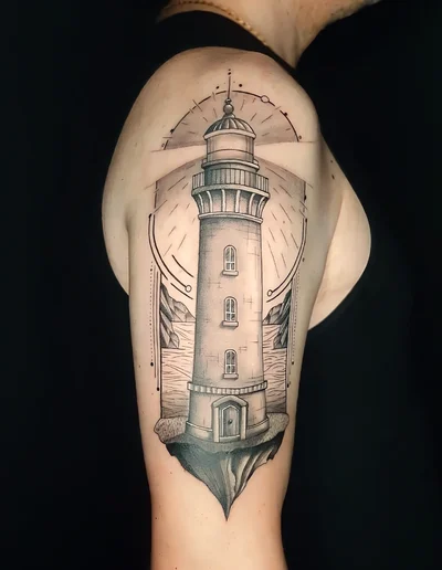 Realistic Tattoo eines Leuchtturms mit geometrischen Elementen auf dem Oberarm