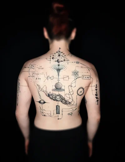 Realistic Tattoo auf dem Rücken einer Person mit wissenschaftlichen und physikalischen Motiven, darunter Formeln, Diagramme und Planeten.