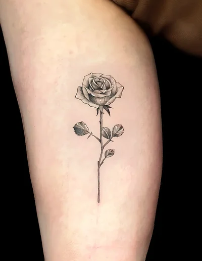 Realistic Tattoo einer Rose – feine Linien und Schattierungen auf heller Haut