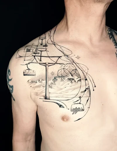 Realistic Tattoo einer Skilift-Szene auf der Brust mit filigranen Linien und geometrischen Elementen.