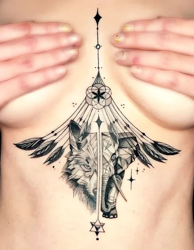 Realistic Tattoo Brustbein – Wolf und Elefant kombiniert mit geometrischen und spirituellen Elementen.