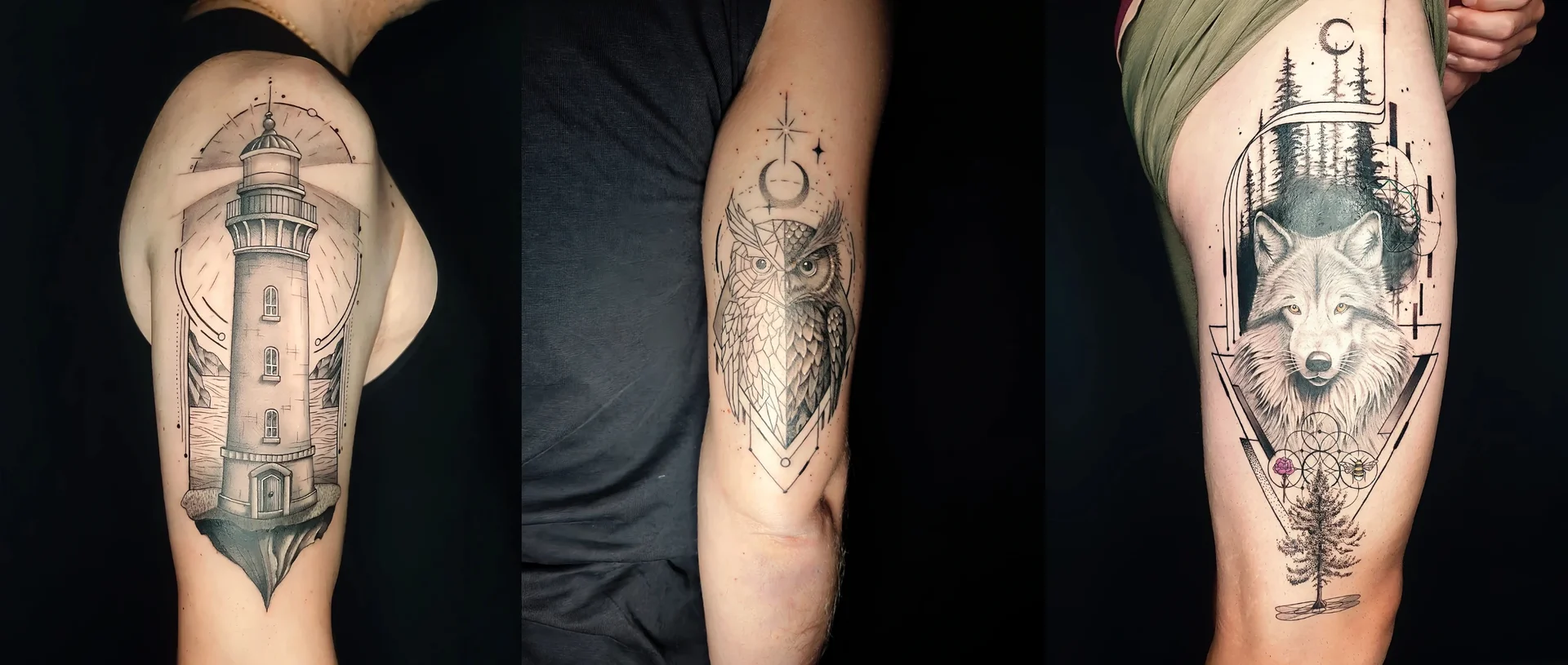 Realistische Tiermotive mit Eule und Wolf als Tierportraits am Arm