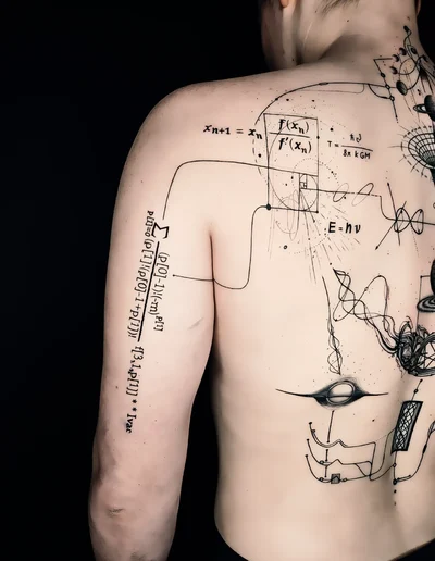 Lettering Tattoo mit wissenschaftlichen Formeln und geometrisch-abstrakten Linienmotiven über Rücken und Oberarm tätowiert.