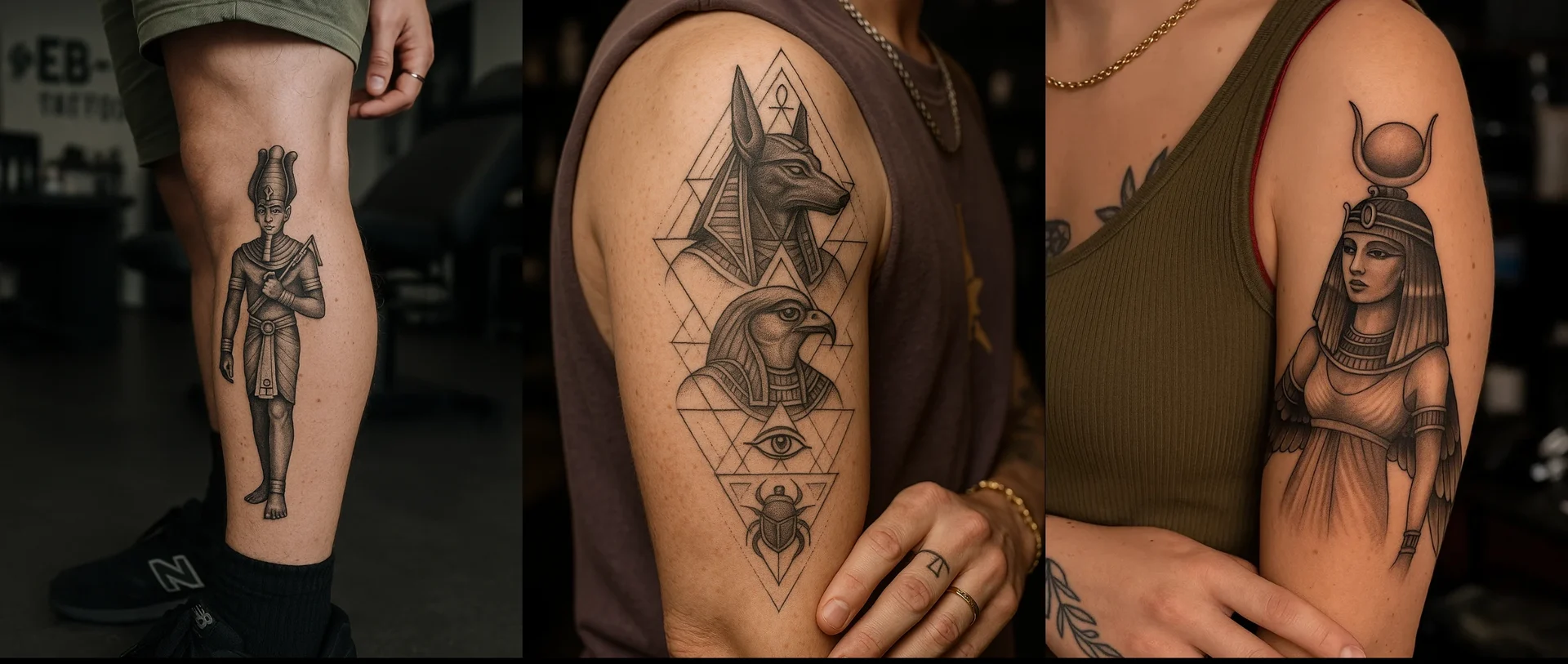 Collage mit drei Lettering Tattoos: Runen-Schrift am Arm, Graffiti-Schriftzug am Bauch, minimalistisches „ART.“ Tattoo am Handgelenk.