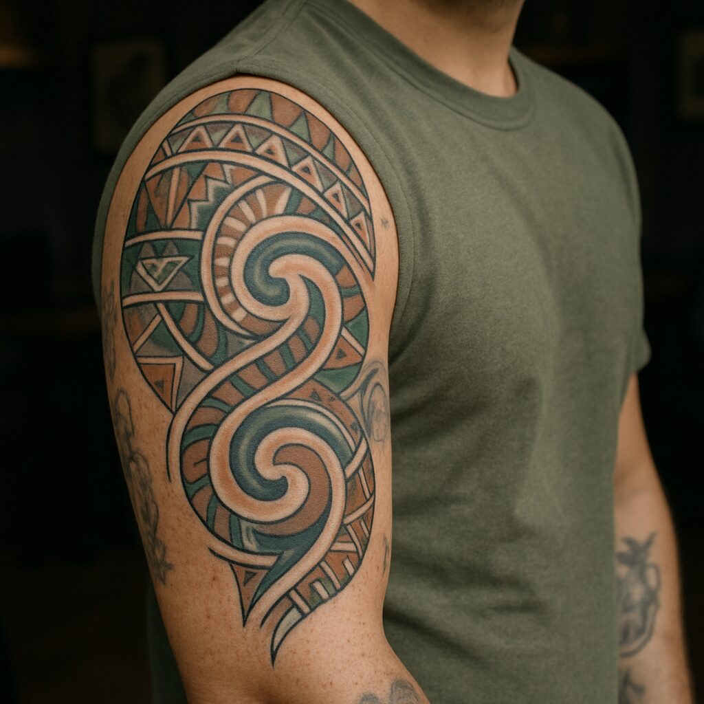 Polynesisches Maori-Tattoo auf dem Oberarm, gestochen bei EB Tattoo St. Gallen