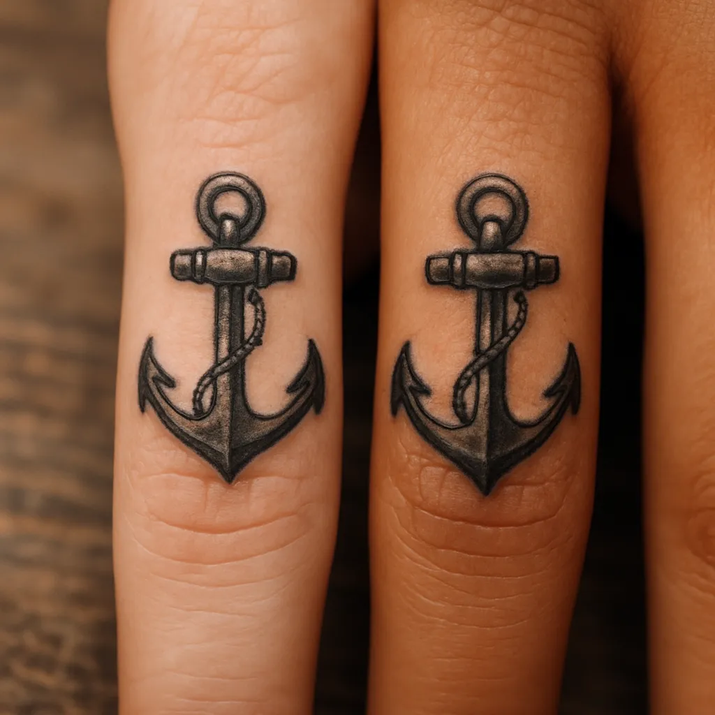 Finger Tattoo mit zwei Oldschool-Ankern als Partnermotiv, gestochen bei EB-Tattoo in St. Gallen