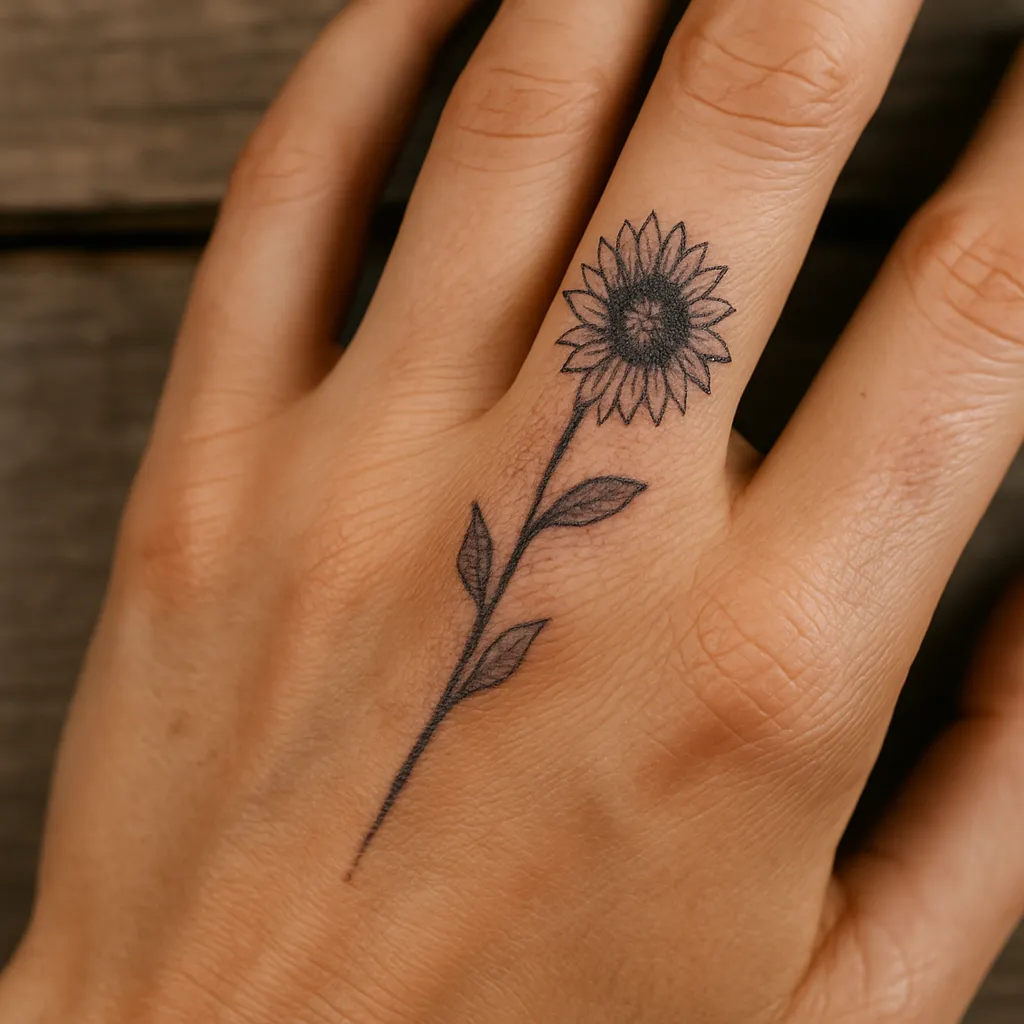 Finger Tattoo mit Sonnenblume im Dotwork-Stil auf der Hand einer Frau, gestochen bei EB-Tattoo in St. Gallen