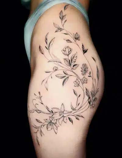 Feines Blumen Tattoo am Oberschenkel bei EB Tattoo in St. Gallen – elegante florale Linien mit Blüten und Blättern in Black &amp;amp; Grey