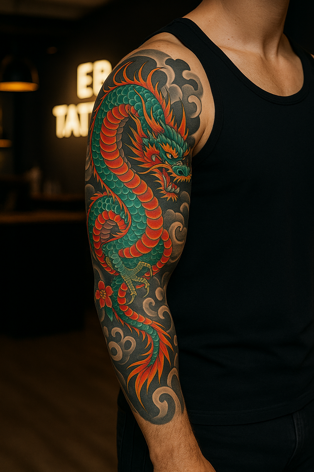 Farbiges Drachen Tattoo am Arm, gestochen bei EB Tattoo St. Gallen