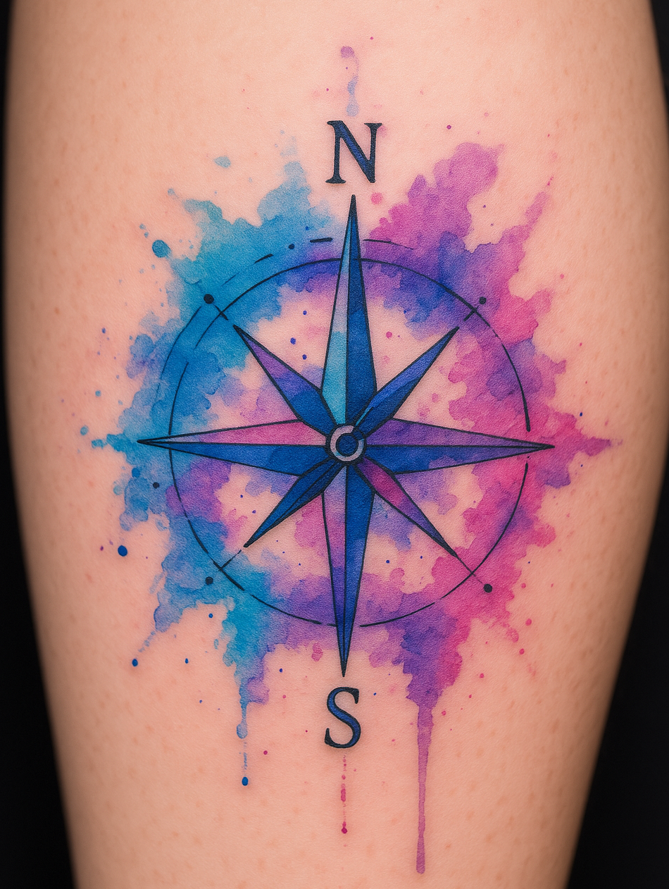 Watercolor Kompass Tattoo mit Farbverläufen in Blau und Pink