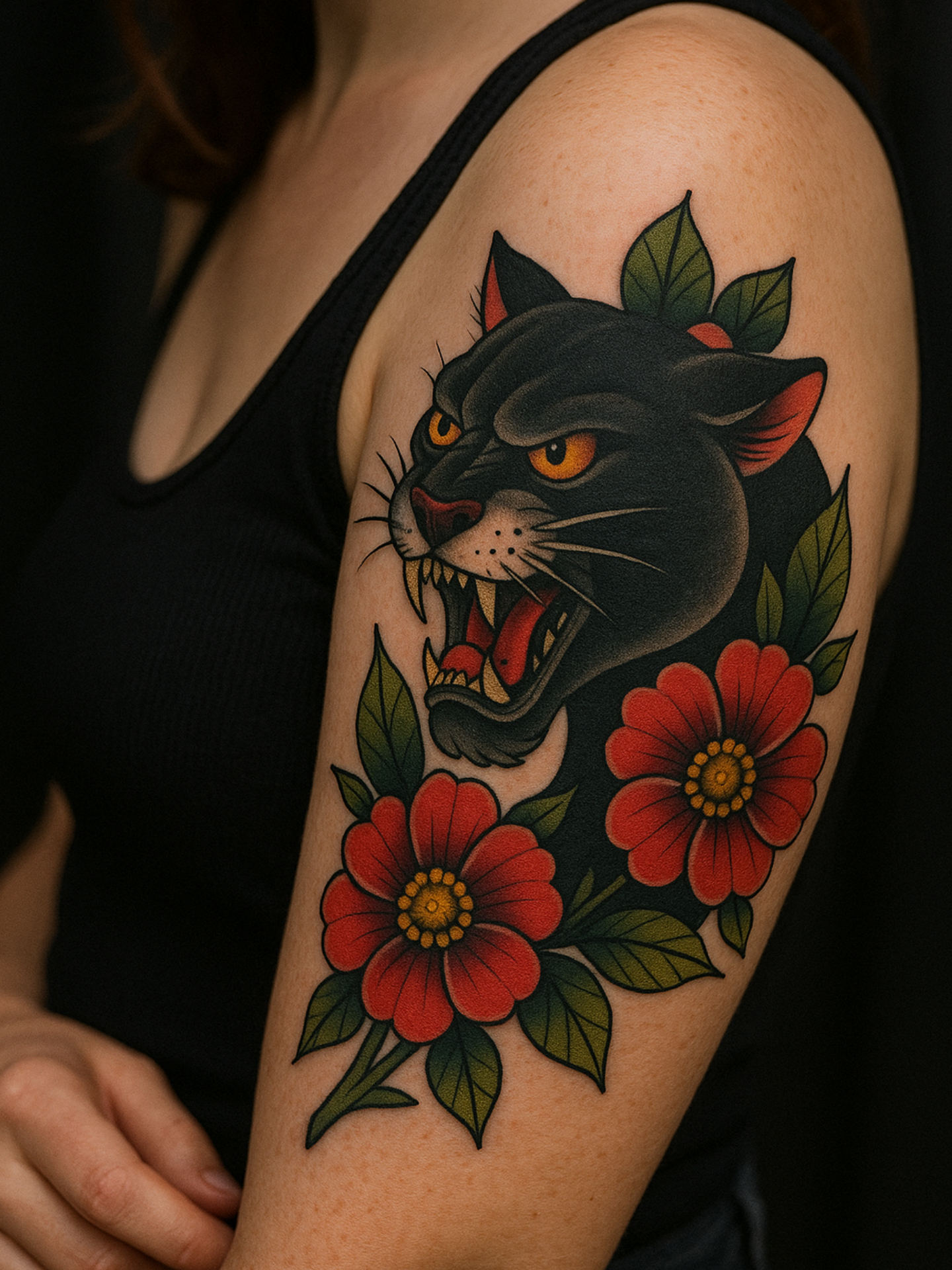 Neo Traditional Tattoo mit schwarzem Panther und roten Blumen am Oberarm