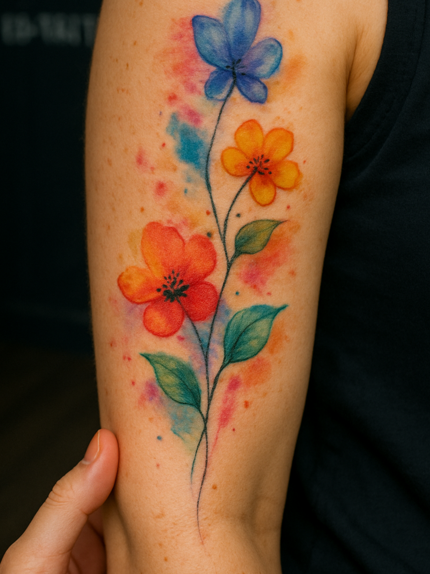 Farbenfrohes Blumen Tattoo mit Aquarell-Effekt am Oberarm