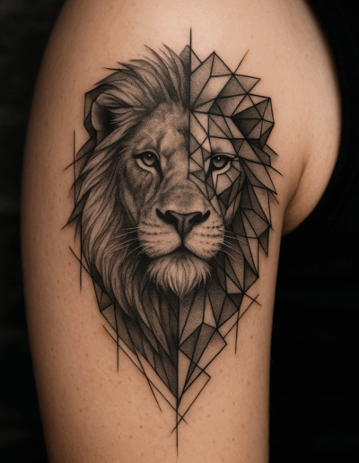 Löwen Tattoo im geometrischen Stil – gestochen bei EB Tattoo in St. Gallen