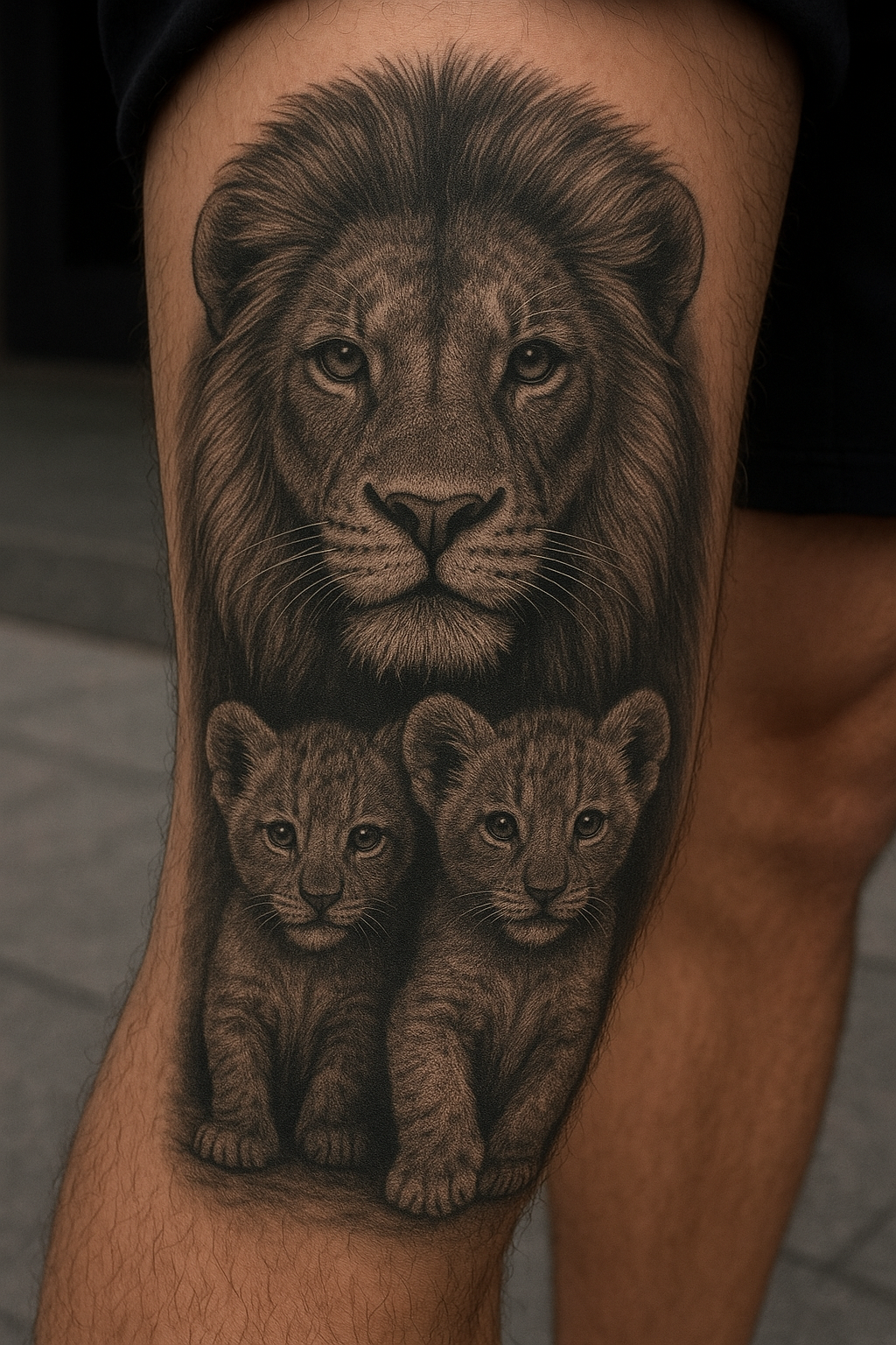 Realistisches Löwen Tierportrait mit zwei Jungtieren am Bein