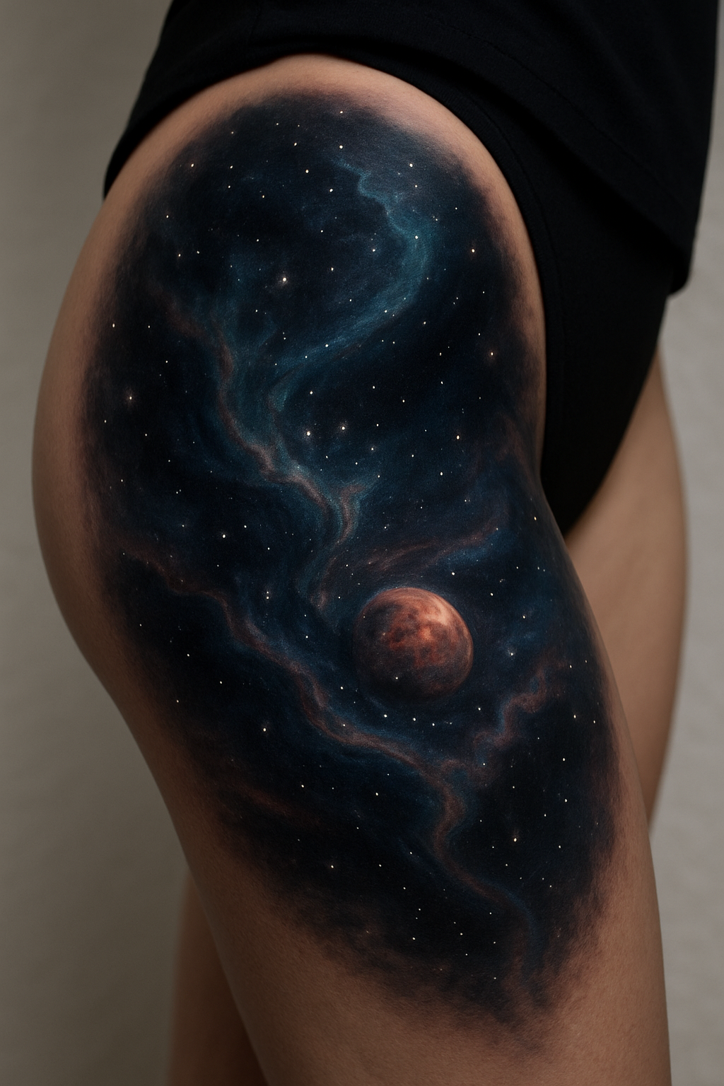 Realistisches Farbtattoo mit Planet und Sternennebel auf dem Oberschenkel, gestochen bei EB Tattoo St. Gallen