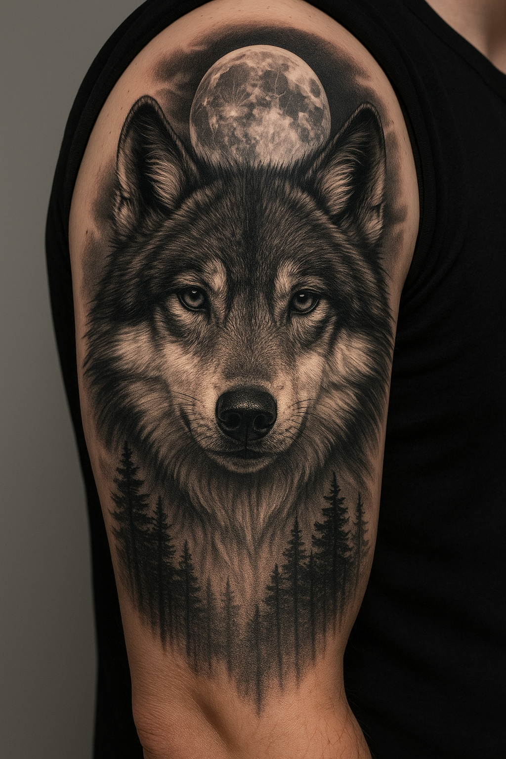 Realistisches Wolf Tierportrait mit Vollmond am Oberarm, gestochen bei EB Tattoo in St. Gallen
