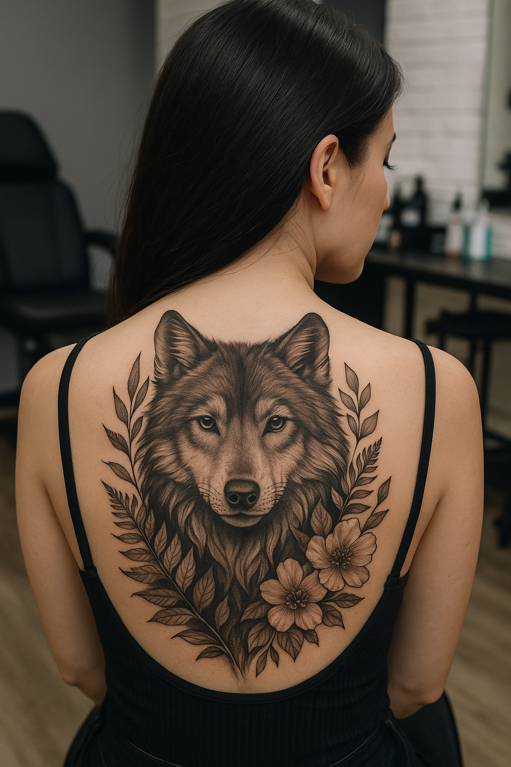 Realistisches Wolf Tierportrait mit floralen Elementen auf dem Rücken einer Frau