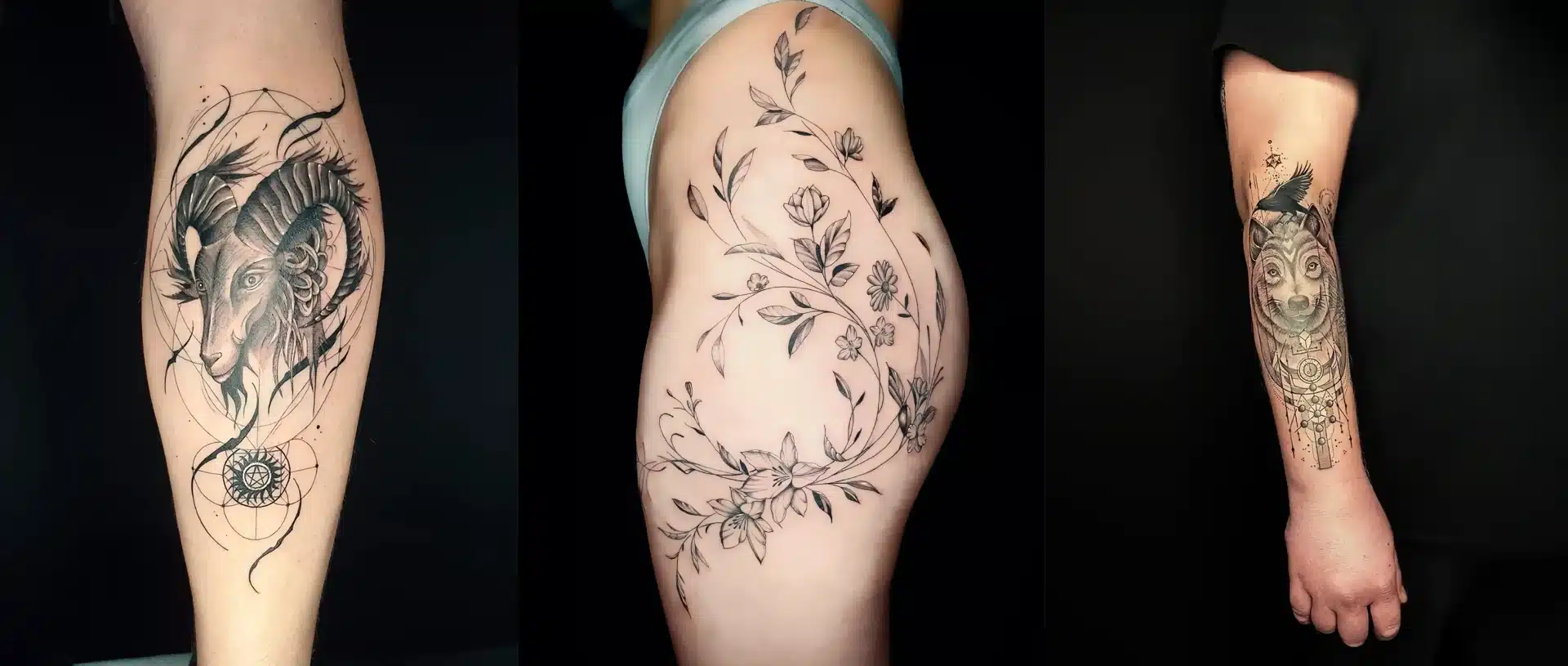 Tattoo-Collage mit drei Portrait Tattoos: links ein realistischer Widderkopf mit geometrischen und Dotwork-Elementen, mittig ein abstraktes Portrait mit Gehirn, technischen Linien und dem Schriftzug "Entropy", rechts ein Wolfsportrait mit fliegender Krähe, geometrischen Formen und Dotwork auf dem Unterarm.