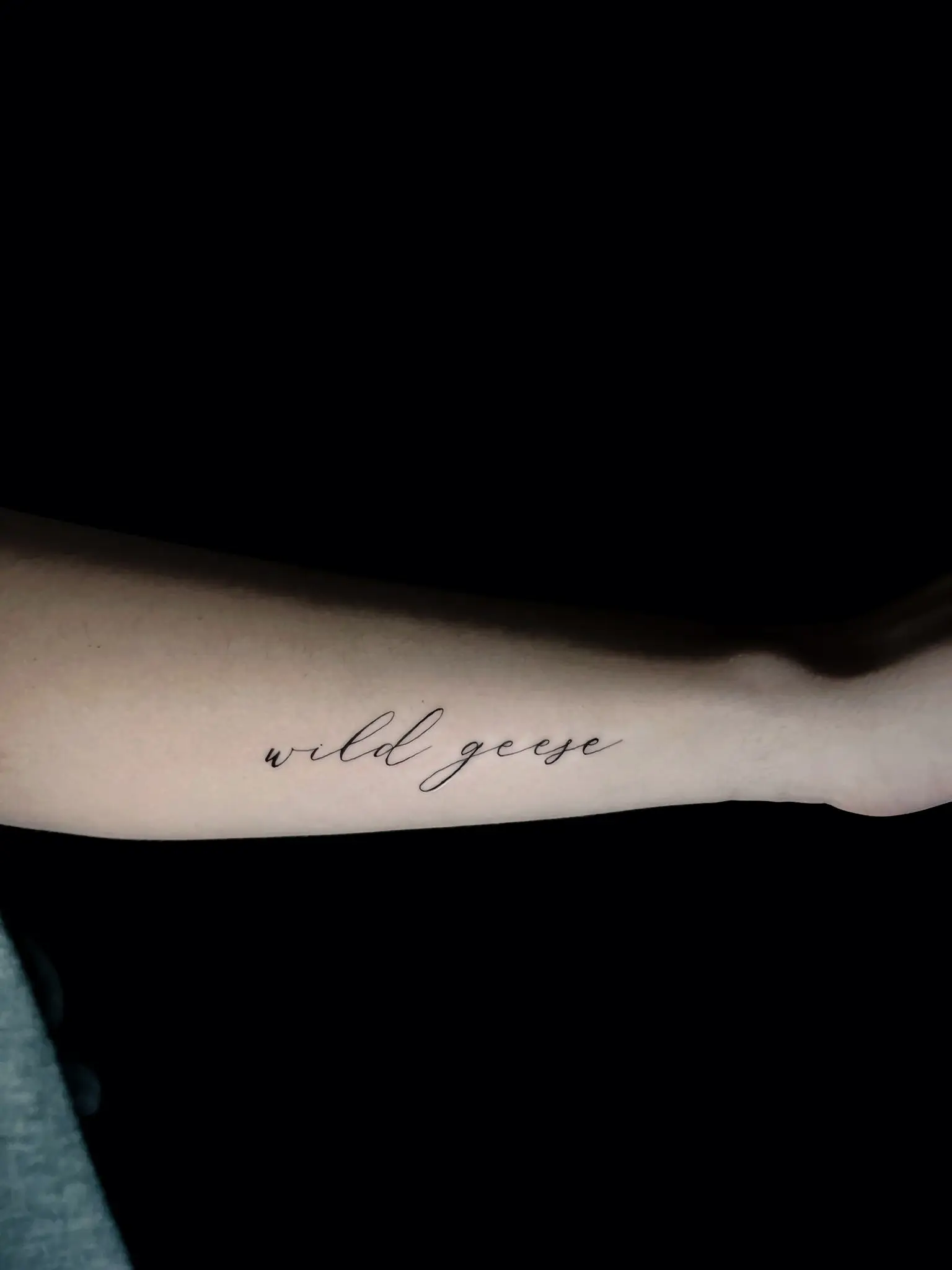 Minimalistisches Script Lettering Tattoo „wild geese“ am Unterarm bei EB-Tattoo St. Gallen