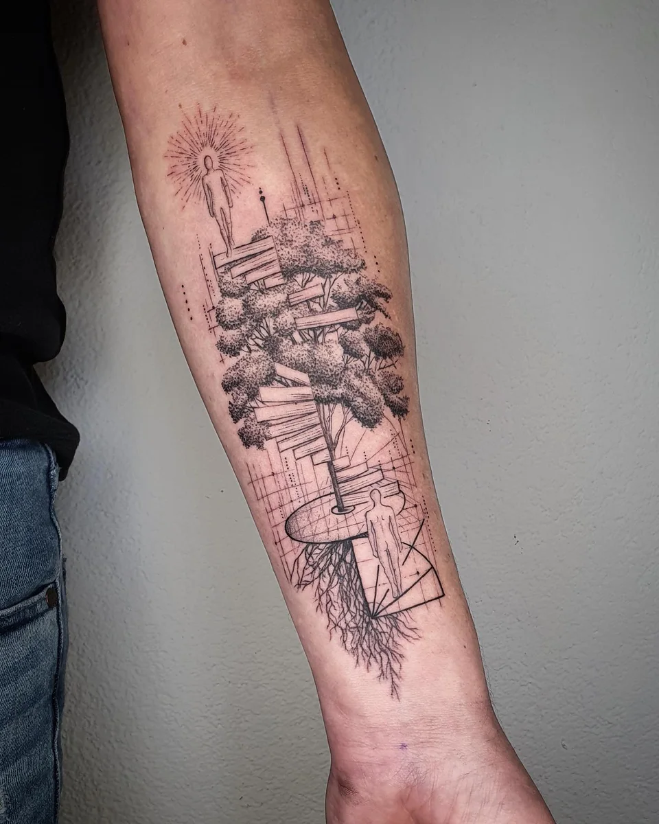 Feiner Baum mit Landschaft am Unterarm, Fineline von Ephraim