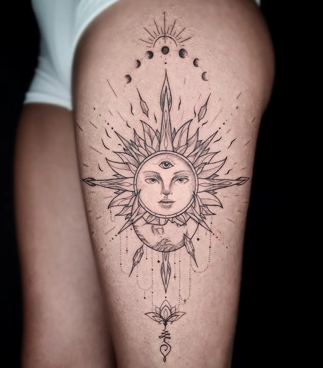Sonnen-Ornament am Oberschenkel, Dotwork von Ephraim
