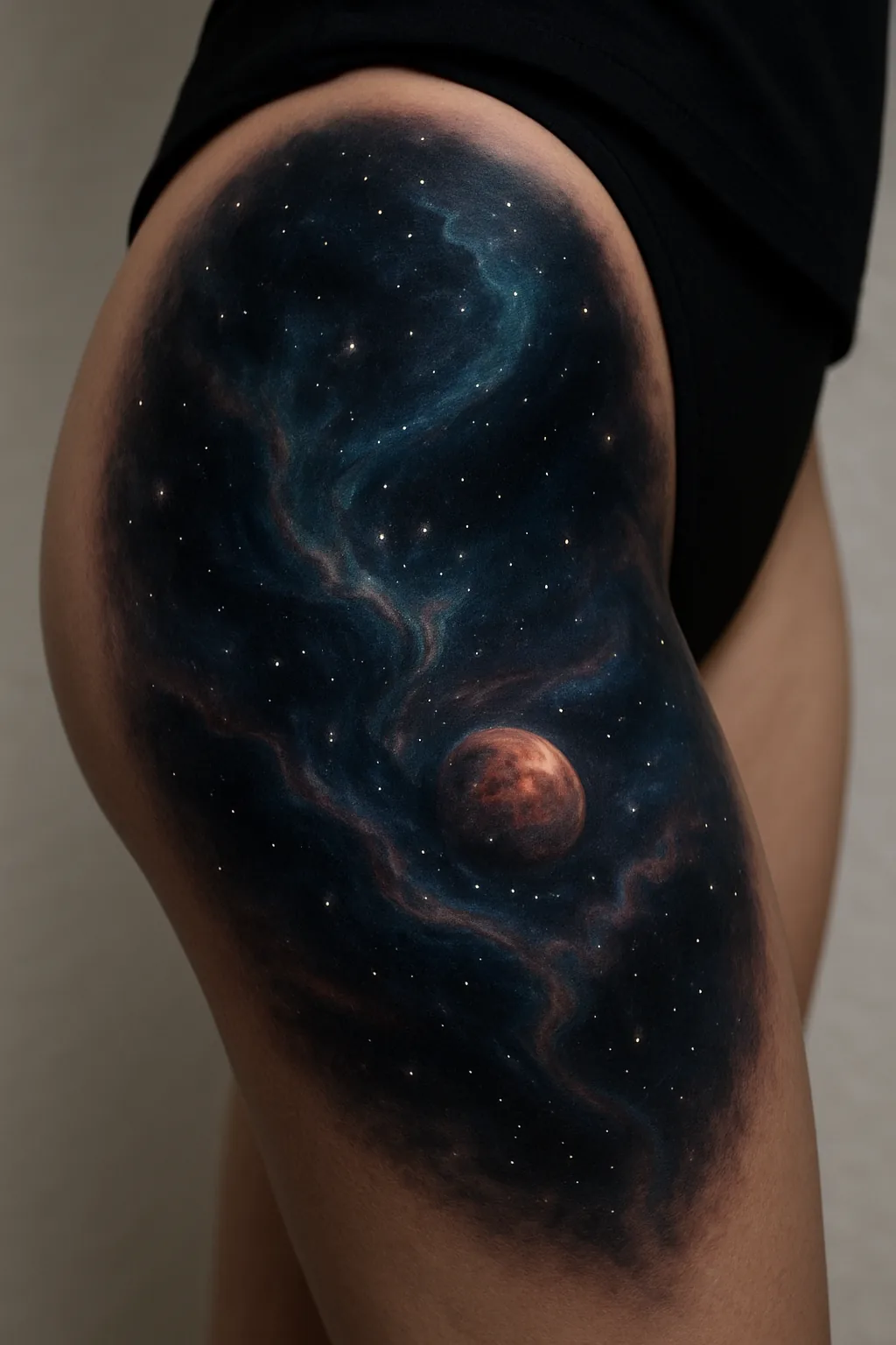 Realistisches Farbtattoo mit Planet und Sternennebel auf dem Oberschenkel, gestochen bei EB Tattoo St. Gallen