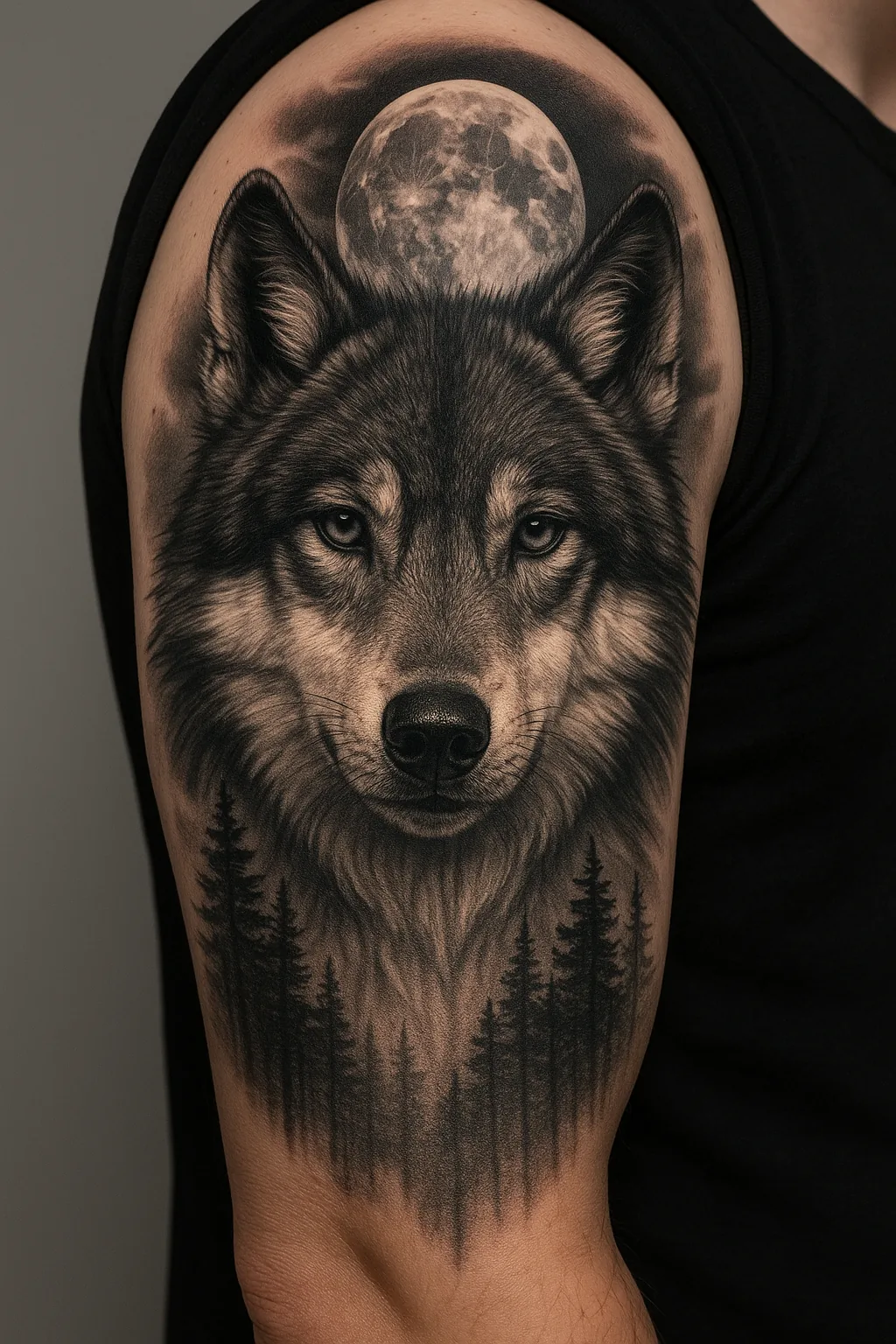 Realistisches Wolf Tierportrait mit Vollmond am Oberarm, gestochen bei EB Tattoo in St. Gallen